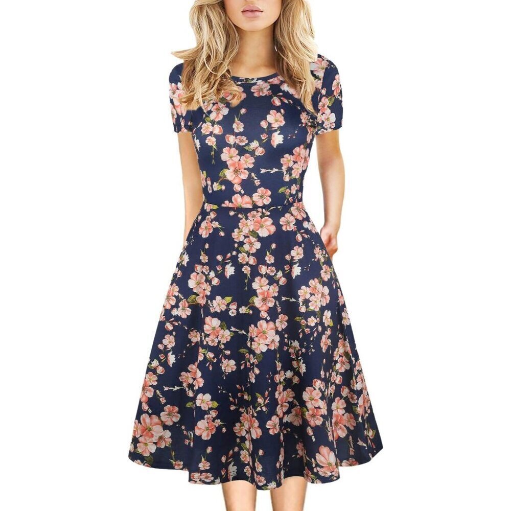 Women's Navy Elegant Knee Length Vintage A-Line Swing Dress with Pockets